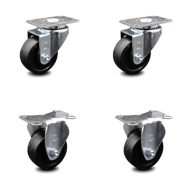 3 Inch Soft Rubber Wheel Swivel Top Plate Caster Set with 2 Rigid